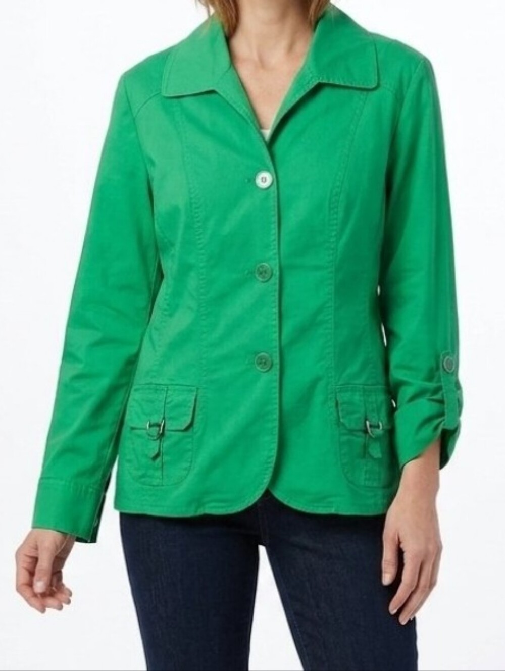 Chico’s Women's Green Cotton Crinkle Jacket Button Down Sz 1 M